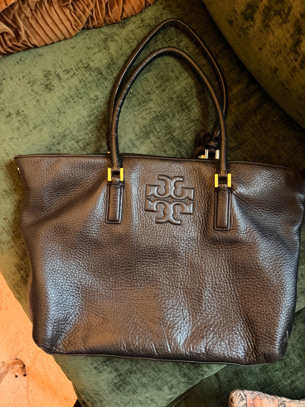 Tory Burch Black Pebbled Leather Tote with Gold Accents